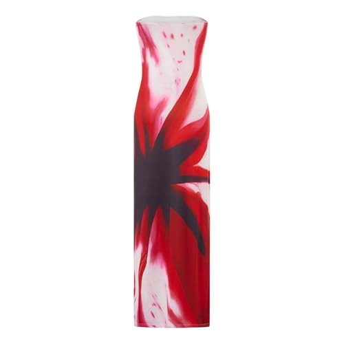 Image of Women Floral Strapless Maxi Dress Y2K Bodycon Tube Long Dresses Sexy Party Formal Cocktail Beach Slit Dress
