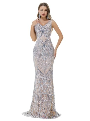 Image of Women's Wedding Bridesmaid Gown Sequined Mermaid V Neck Sleeveless Evening Dress