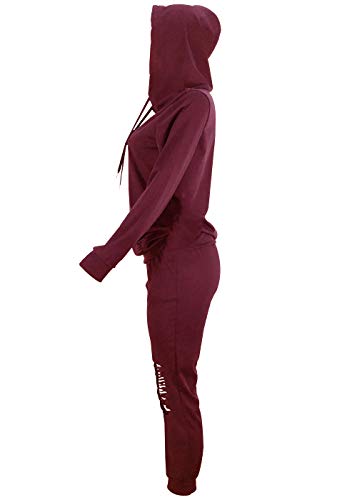 Women Casual Ripped Hole Pullover Hoodie Sweatpants 2 Piece Sport Jumpsuits Outfits Set (Wine Red, M) - Thumbnail 4