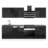 Belini Küchenzeile Küchenblock Susan - Küchenmöbel 240 cm Einbauküche Vollausstattung ohne Elektrogeräten mit Hängeschränke und Unterschränke, ohne Arbeitsplatten, Schwarz Hochglanz