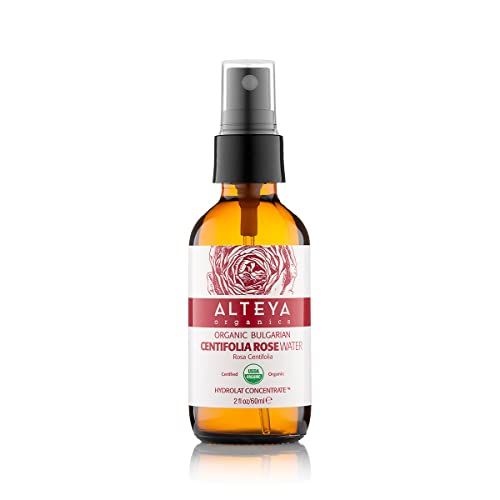 Alteya Organics Agua de Rosas Centifolia en Espray de 60 ml, Botella de vidrio - 100% Certificada Orgánica por el USDA, auténtica agua de flores de Rosa Centifolia pura destilada de Alteya Organics