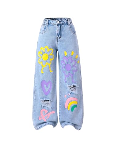 WDIRARA Girl's Cute Print Ripped Baggy Jeans Distressed Straight Leg Denim Pants