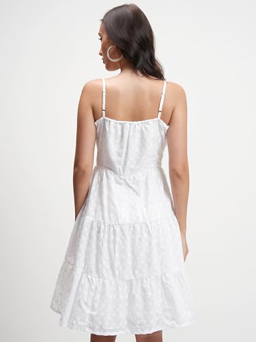 Image of Tokyo Talkies Womens Classic White Solid Flared Short Dress | Shoulder Straps & Front Button Detailing | Dress for Women | Women Dress | Stylish Women Dress