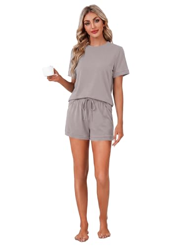 Image of LYANER Pajama Set for Women 2 Piece Lounge Set Striped Crew neck Short Sleeve Tops and Shorts Soft Sleepwear