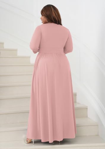 Image of Runwind Plus Size Maxi Dress 3 /4 Sleeve V-Neck Pleated Faux Buttons Pockets | Plus size dress for wedding guest work church, pleated front faux buttons, flowy maxi dress enhances elegance