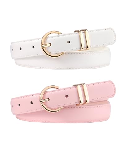 AWAYTR 2 Pcs Kids Girls Leather Belt, Fashion Gold Buckle Belts for Teen Girls Jeans Dress, Pink/White, Fit Waist 18-22 in