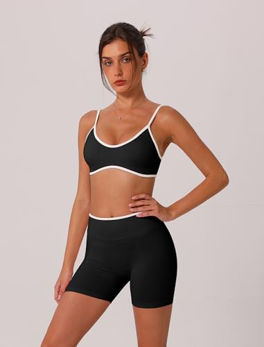 ABOCIW Workout Sets for Women Color Block Sports Bra Hidden Scrunch High Waist Biker Shorts 2 Piece Gym Yoga Outfits3