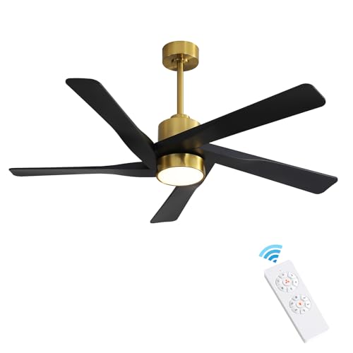 WINGBO 64 DC Ceiling Fan with Lights - 5 Blades, Remote, 6 Speeds, LED for Kitchen, Bedroom, Living Room, Brass & Matte Black