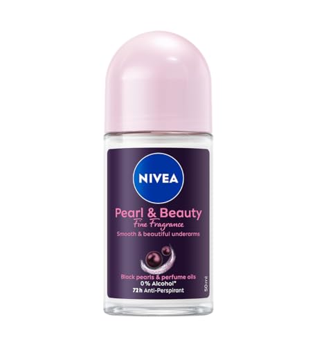 NIVEA Deodorante Roll on Pearl & Beauty Fine Fragrance 50 ml, Deodorante donna antitraspirante per una protezione 72h, Formula con Estratti di Perla Nera e Oli profumati per un fragranza raffinata