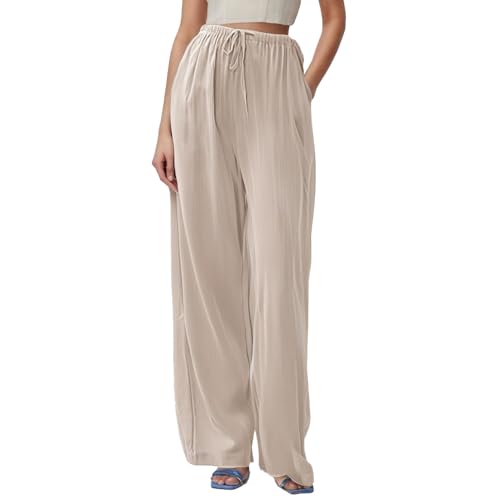 Women's Cotton Linen Pants, Summer High Waist Loose Fit Wide Leg Palazzo Casual Trousers with Pockets