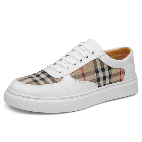 Men's Lace - up Plaid - Paneled Sneakers, Casual Low - top Canvas & Leather Shoes for Daily & Street