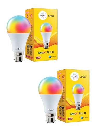 Image of wipro 9W Bluetooth Enabled Smart Bulb B22 | 16 million Colours | White Tunable (Warm, Neutral & Cool White) | Dimmable | App-Control | Music Sync | Schedule & Scenes | Pack of 2