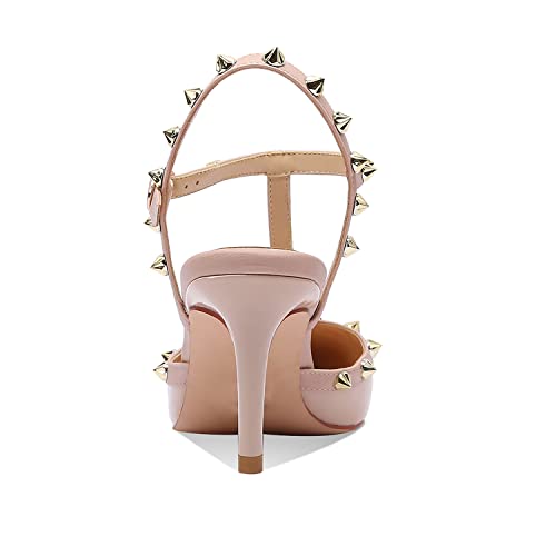 Xiniuniu Heeled Sandals With Studs For Women Studded Heels Pointed Toe Ankle Strap 2.5Inch Stiletto Kitten Heels Dressy Closed Toe Spike Pumps Shoes Nude Size 8.5 #TOP4
