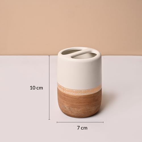 Image of Market99 Ceramic Bathroom Set of 4 in Matte Golden & White with Elegant Wooden Elegance Design, Includes Soap Dispenser, Tumbler, Toothbrush Holder, and Soap Dish, Soap Dispenser 400 ML Capacity