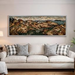 Peinture texturée de paysage marin : évadez-vous face à la mer avec notre toile village en mosaïque - 4
