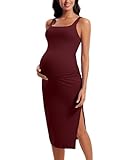 CRZ YOGA Women Butterluxe Maternity Dress Square Neck Sleeveless Ruched Split Hem Midi Bodycon Tank Dress Pregnancy Clothes Red Merlot 10