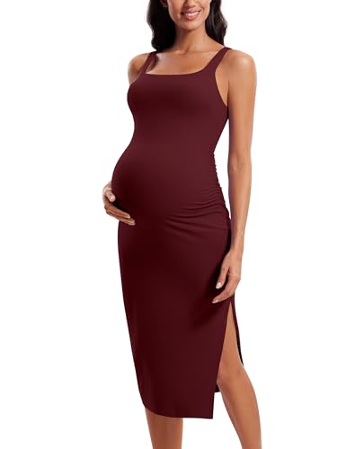 CRZ YOGA Butterluxe Maternity Square Neck Midi Dress - Split Ruched Tanks Womens Pregnancy Bodycon Casual Baby Shower Red Merlot Small