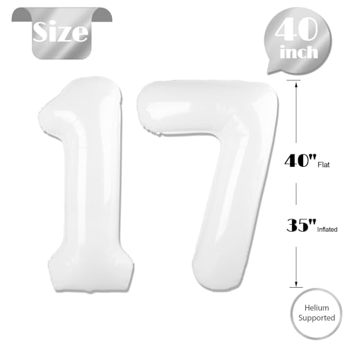 Image of White Number 17 Balloon 40 inch, 17 Number Balloons, 17th White Birthday Decorations 17 Year Old Party Supplies