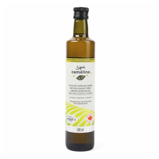 Signé Caméline. Huile de caméline vierge. 500ml. Pressée à froid. Huile de finition et de cuisson. Élevée en Omega-3. Point de fumée 246°C/475°C. Substitut à l'huile d'olive. Produit au Canada.
