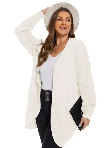 Image of LARACE Long Cardigans for Women Plus Size Tops Open Front Sweaters with Pockets Waffle Ribbed Sleeve Loose Fall Outwear