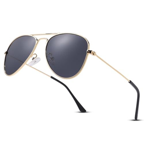 LOJUDI Aviateur Lunette de Soleil Enfant - Polarisées Protection UV400 Lunettes Cadre Métallique Lunette Soleil Enfant Fille Garçon 4-12 ans-Doré/noir