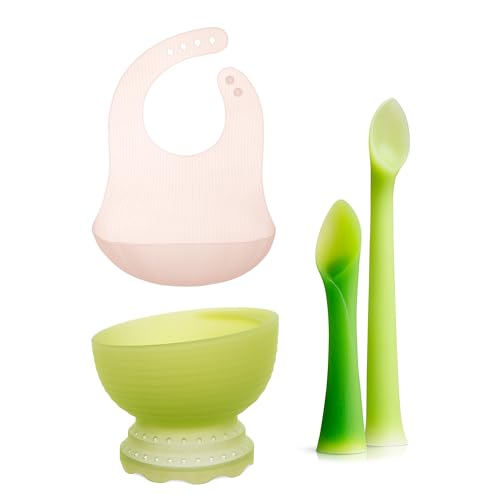 Olababy First Feeding Set + Olababy Fold N Go Silicone Baby Bib w Travel Case (Coral)