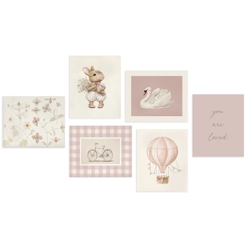 Dazzlewall 6Pcs Affiches d'art mural rose pour nurserie, Peintures de cygnes, lapin vintage et fleurs pour chambre de bébé ou de petite fille 8x10 pouces...