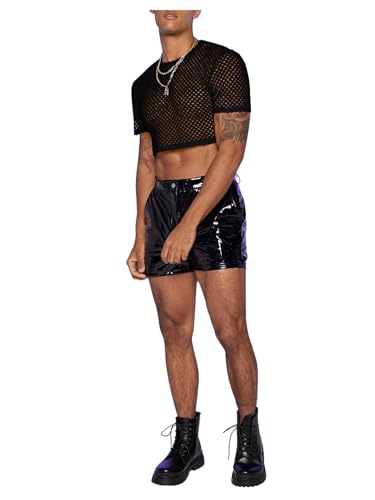 WDIRARA Men's Fishnet Mesh Tee Shirt Round Neck Short Sleeve Crop Top3