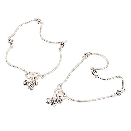 IndianShelf 92.5 - Tobillera de Plata de Ley con Cuentas Florales para Mujer y niña (14 cm), Color Plateado