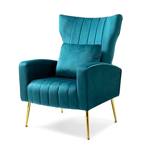 Wqslhx Living Room Chairs Velvet Accent Chair With Lumbar Pillow, High Back Armchair Mid Century Modern Vanity Chair For Bedroom With Armrest, Arm Chair With Golden Metal Legs, Blue Teal #TOP20