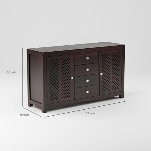 Image of Solid Sheesham Wood Wooden Sideboard Storage Cabinet : Ideal for Living Room and Bedroom with 4 Drawers and 4-Shelf Storage ((Ferna, Walnut Finish)