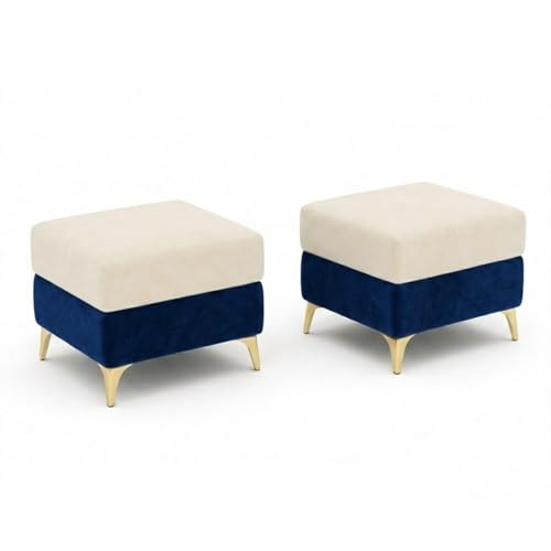 Image of Classiq Rich 5 Seater L Shape Sofa Set with 2 Movable Ottomans | Flexible Layout | Rich Velvet Suede Fabric | Silver Legs | Dual Tone Modern Sofa for Living Room (Dark Blue-Cream)
