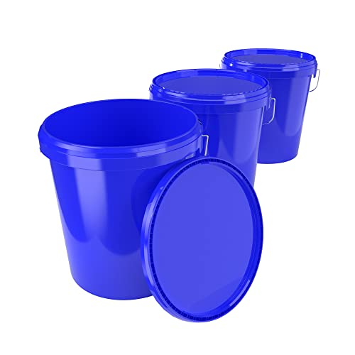 3 cubos con tapa de 16 litros, color azul, aptos para alimentos, herméticos y estables, vacíos con asa y tapa de cierre, aptos para alimentos, productos químicos de pared, adhesivos en polvo de lavado