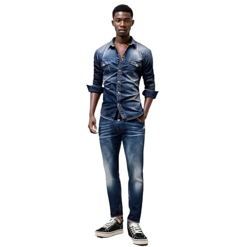 Men's Slim Fit Western Long Sleeve Casual Distressed Denim Shirt