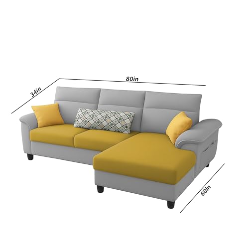 Image of Casaliving Seams RHS 4 Seater L Shape Sofa for Living Room (Yellow Grey Fabric) Premium Fabric Sofa