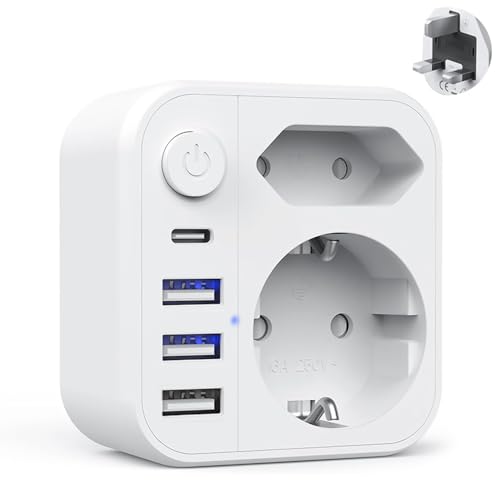 Giantdeer Adaptador Enchufe UK, Tipo G Adaptador de Viaje con Interruptor, Enchufe de Viaje con 3 USB A 1 USB C, Adaptader Tipo G para el Reino Unido, Hong Kong, Malasia, Dubai