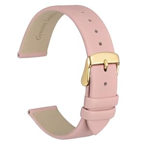 WOCCI 12mm Lug Width, Elegant Watch Band, Genuine Leather Replacement Strap with Gold Buckle (Light Pink)