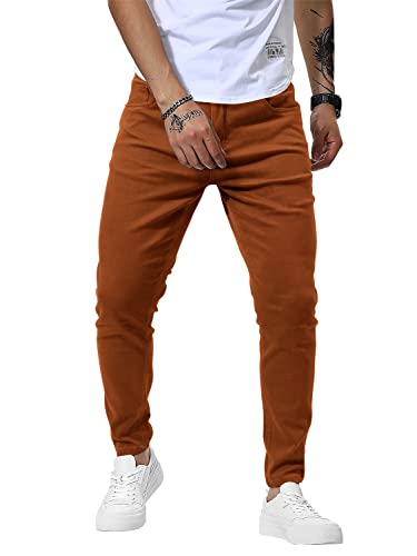 Woenzaia Brown Mens Skinny Pants Stretch Flat Front Expandable Waist Slim Fit Casual Chino Pants Solid Color #TOP1