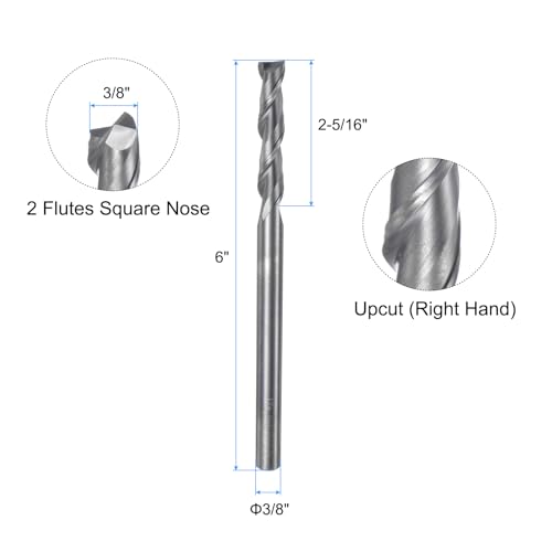 Image of uxcell Carbide Square End Mill, 3 /8 inch Diameter Uncoated 2 Flutes Milling Bit Cutter, for Aluminum Copper Non-Ferrous Metal, 3 /8 inch Shank 2-5 /16 inch Cut Length 6 inch Extra Long