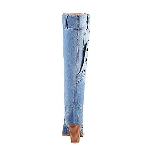 vivianly Women Denim Knee High Boots Pointy Toe Chunky Stacked Heel Cowgirl Boot Size 6.5 - image 8