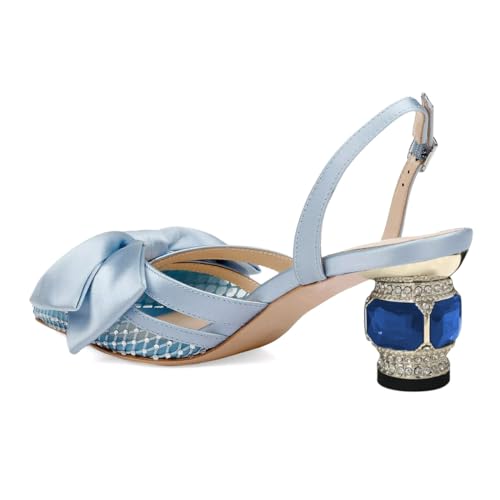 XYD Women Pointed Toe Slingback Wedding Pumps Bows Mesh Chunky Low Heel Sandals Crystal Dress Party Shoes4