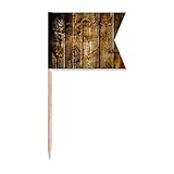 Banderas de palillo de dientes irregulares de madera marrón tostado negro retro viejo, etiquetado para fiesta pastel comida plato de queso