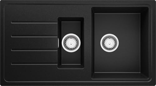 PRIMAGRAN Evier Cuisine en Granit Noir 90x50cm, Lavabo 1,5 bacs + Kit de Vidage, Évier à Encastrer al mueble 60cm - Copenhague Duo