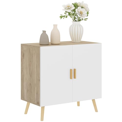 HOMCOM Aparador, Mueble de almacenaje, con Asas de bambú, Estante Regulable, Base elevada, para salón Cocina Comedor, 76 x 41,2 x 74 cm Blanco y Madera Natural