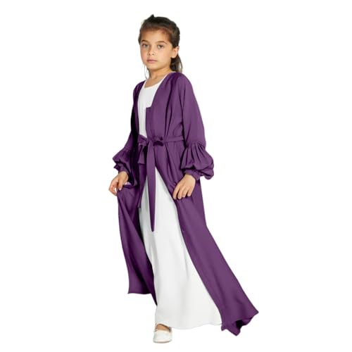 Vestido musulmán para niñas, vestido de oración islámica, vestido largo con frente abierto, kimono musulmán Abaya, caftán, Ramadán, Eid, Morado (, 9-10 años