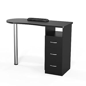 Manicure Table Nail Desk with 3 Drawers & Wrist Rest Cushion for Nail Tech, Beauty Spa Salon Home Wooden Technician Workstation Nail Art Equipment, Black