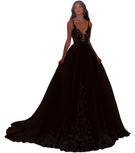 Zeeyecie Spaghetti Strap Wedding Dresses for Bride Deep V-Neck Backless A-Line Lace Applique Bridal Gown with Train