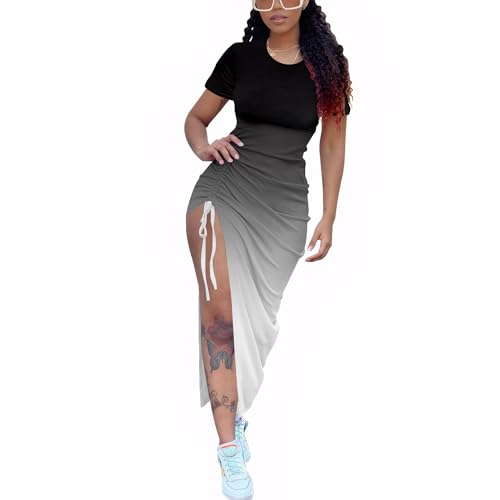 Image of Nimsruc Women Sexy Summer Dresses Short Sleeve Thigh-high Slit Ruched Bodycon Maxi Club Cocktail Party Dress