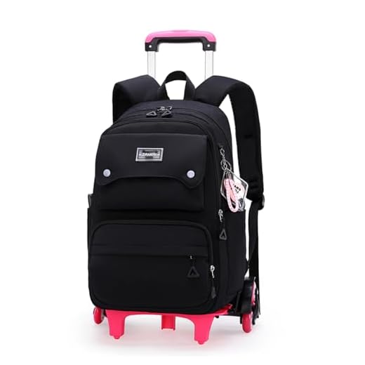 LANSHIYA Solid Color Girls Rolling Backpack with Wheels Schoolbag Elementary School Student Trolley Daypack