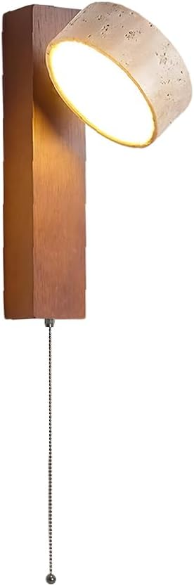 Vintage LED Wall Mounted Reading Light - Natural Stone Sconce with Rotating Arm, Pull Chain, Mid Century Modern Small Lamp for Bedroom, Living Room, Farmhouse Decor. (Walnut color With pull chain